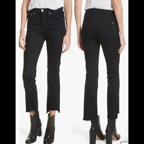 Rag & Bone Stovepipe High Rise Cropped Raw Cut Step Hem Black Jeans NWT Sz 26 - Picture 11 of 12